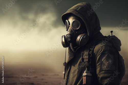 A man in a protective suit in a post-apocalyptic setting. Ai generative.