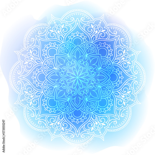 Round gradient mandala on watercolor trace background. Vector boho mandala in blue colors. Mandala with floral patterns. Yoga template