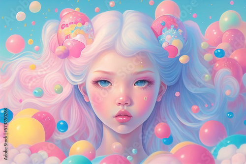 Girl in a candy scenery. A dreamy idyllic vision. Ai generative. © dreamer82