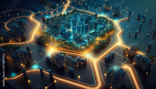 Smart city on circuit board background. Futuristic cyberspace concept. Generative Ai 
