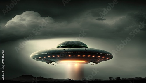 Aliens spaceship illustration. UFO with light beam. generative ai