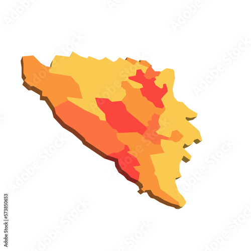 Bosnia and Herzegovina political map of administrative divisions - cantons of Federation of Bosnia and Herzegovina and Republika Srpska. 3D map in shades of orange color.