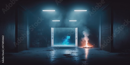 empty hall with neon lights and smoke with fog lights generative ai 