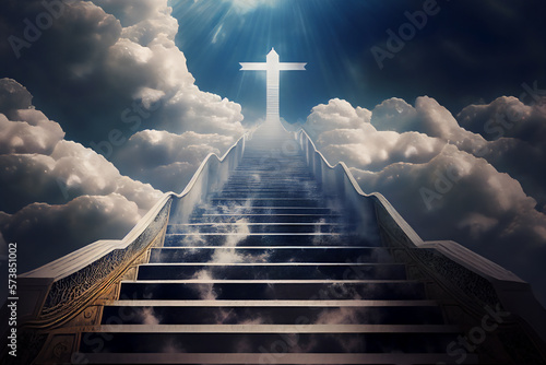 The stairway to the Kingdom of Heaven which leads to salvation and paradise with God with a cross showing the way, computer Generative AI stock illustration image