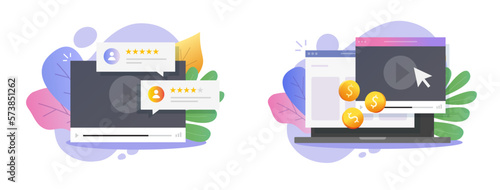 Video blog vlog earning money, income monetize online icon illustration, chatting social monetization digital marketing graphic design, web internet electronic media cash on laptop computer image