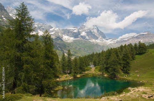 Wonderful view of Matterhorn mount with Blue lake in Aosta Valley, Italy
