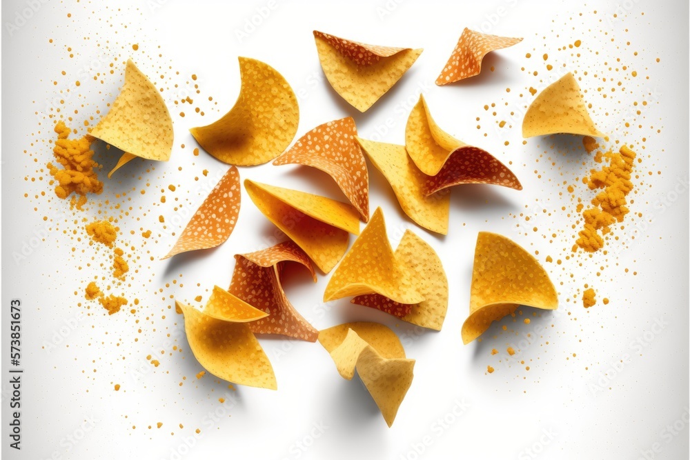 Flying Mexican nachos chips, isolated on white generative ai background Flying Mexican nachos chips, isolated on white generative ai background