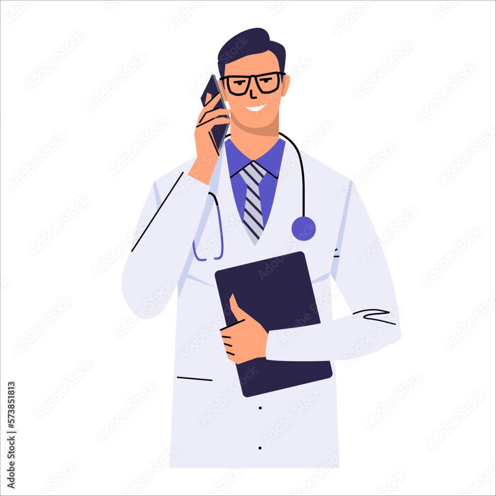 Portrait of a doctor in glasses talking on a mobile phone. Call, consultation by phone. A doctor with a stethoscope holds a clipboard in his hand. Flat vector isolated.