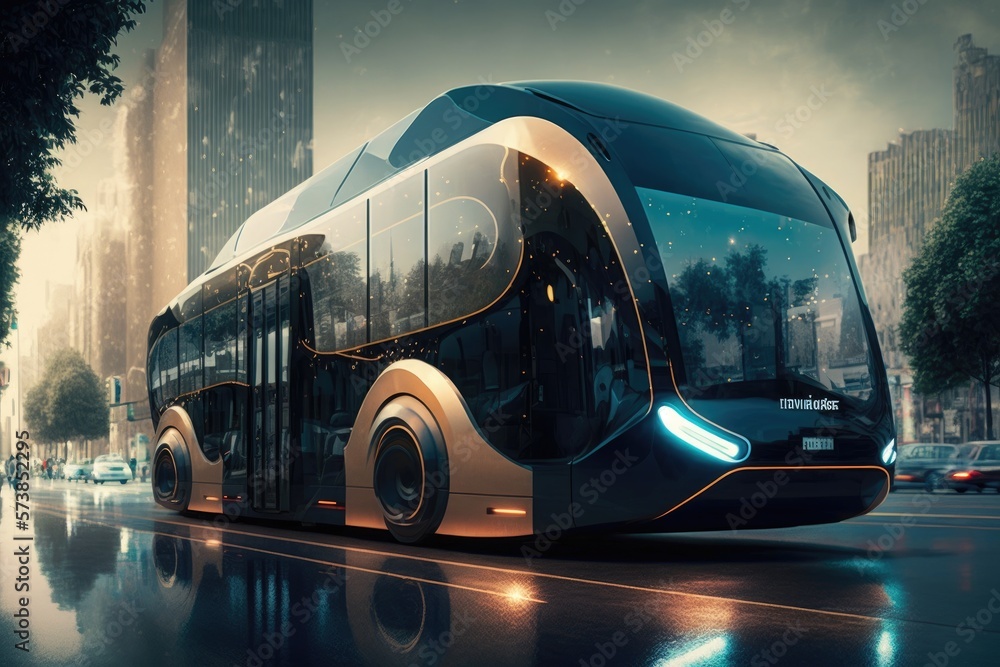 Sci-fi futuristic city bus, self-driven transportation concept generative ai 3D style Illustration 