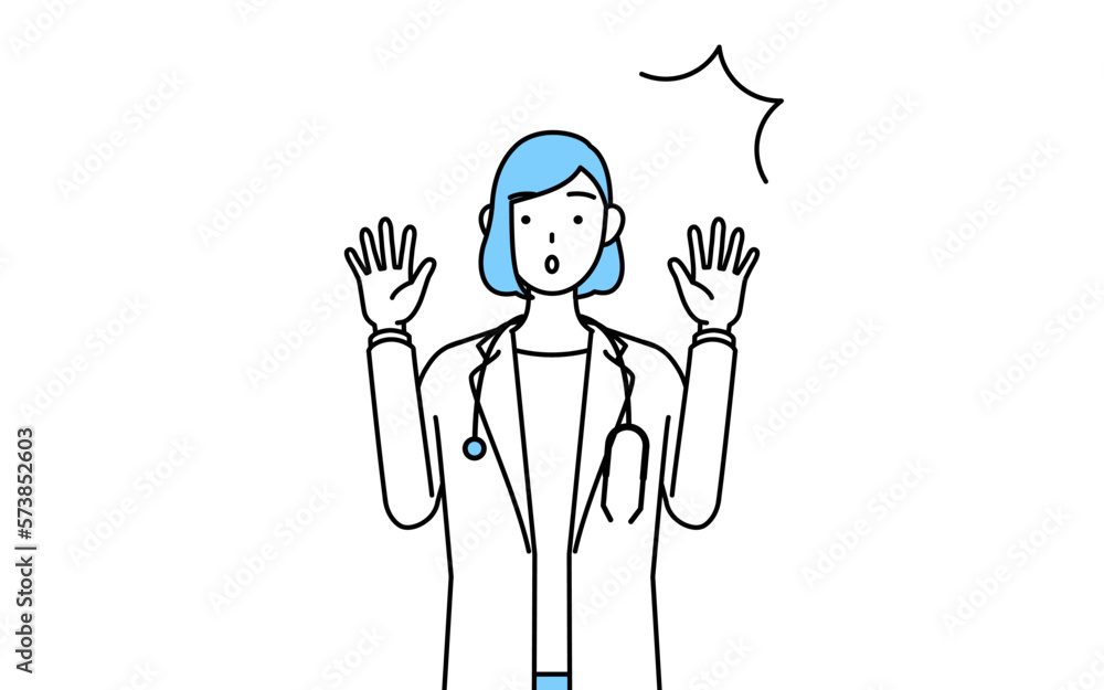 驚いて手を上げる白衣を着た女性医師