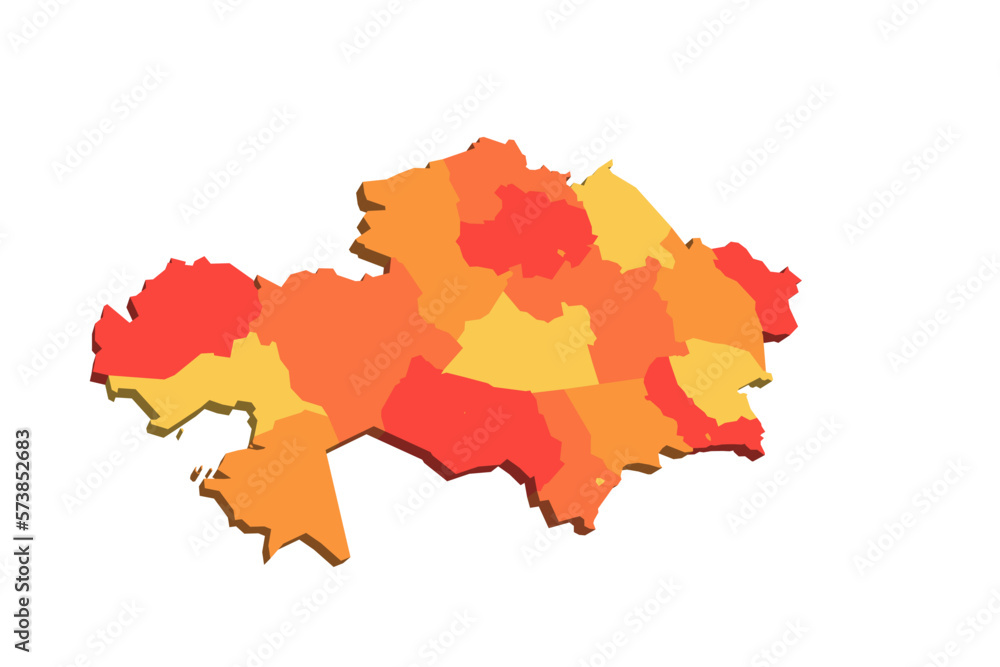Obraz premium Kazakhstan political map of administrative divisions - regions and cities with region rights and city of republic significance Baikonur. 3D map in shades of orange color.