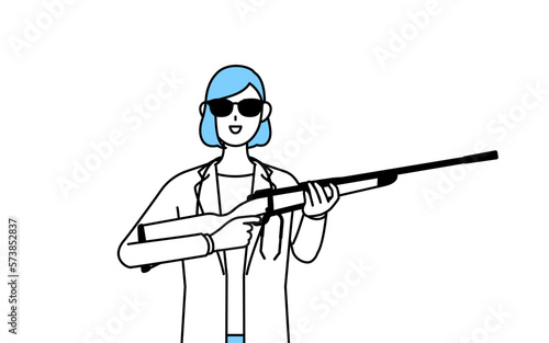 サングラスをかけてライフル銃を持つ白衣を着た女性医師
