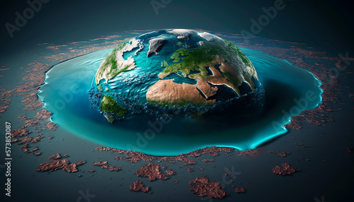 Melting planet earth in the water, global warming concept, Generative AI photo