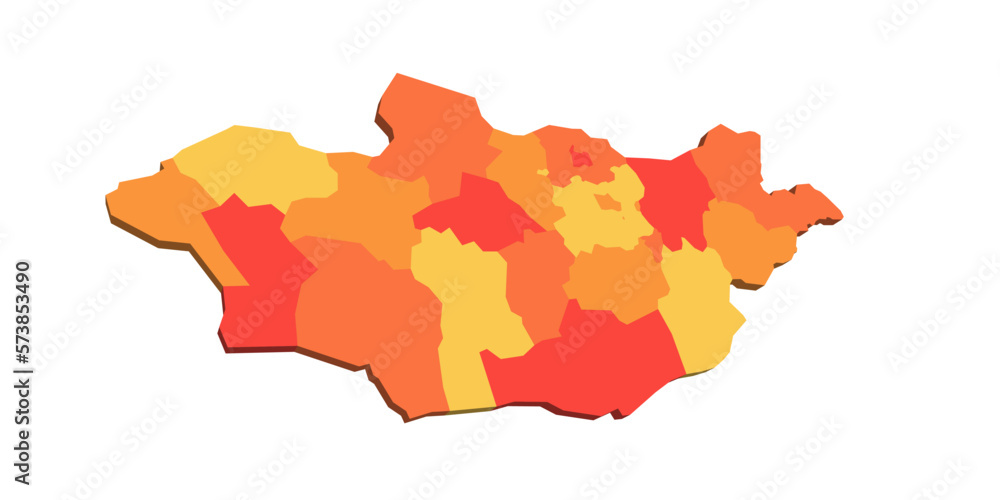 Mongolia political map of administrative divisions - provinces and khot Ulaanbaatar. 3D map in shades of orange color. Mongolia political map of administrative divisions - provinces and khot Ulaanbaatar. 3D map in shades of orange color.