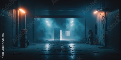 ultra-wide empty dark scene of a smokey dark empty street alley in the light of neon and spotlights with smoke float up generative ai illustration
