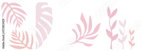 collection of modern simple minimalistic posters with pink silhouettes of plants (monstera) on a white background