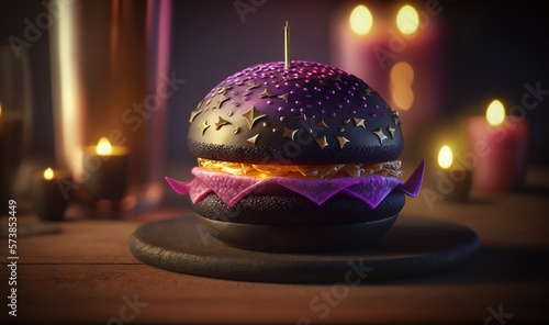  a hamburger with a candle in the background and candles in the background. generative ai