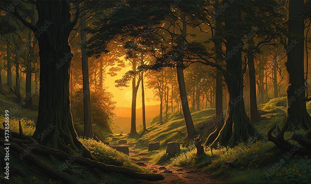 a painting of a forest with a path leading to a bench. generative ai a painting of a forest with a path leading to a bench. generative ai