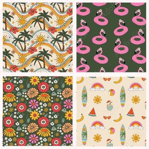 Set of 4 summer beach seamless pattern in 70s retron style. Floral, botanical beach elements in bright colors. Background ideal for apparel, fashion, home decor, interior, stationery etc.  photo