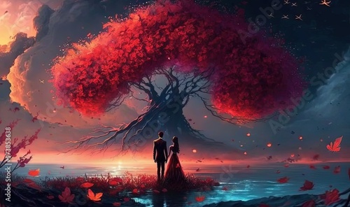  a painting of a couple standing under a tree in the sunset. generative ai