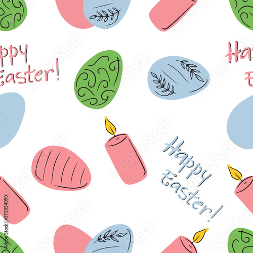 Seamless pattern with happy easter eggs with ornament, candle. Pastel colors blue, pimk, green. Hand drawn vector flat cartoon illustration in doodle style. Texture, tissue, design clothes, packaging.