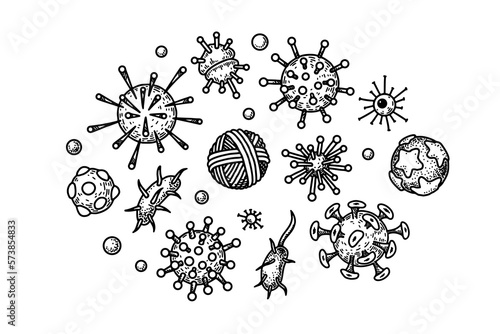 Set of hand drawn human viruses. Vector illustration in sketch style. Realistic microbiology scientific design photo