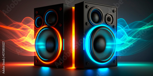 Illustration of neon light sound speakers music boxes AI generated content photo