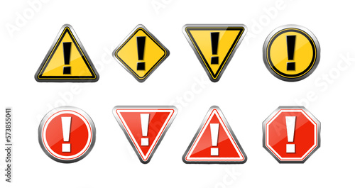 3d realistic vector icon set. Warning signs in yellow and red color  isolated on white background.