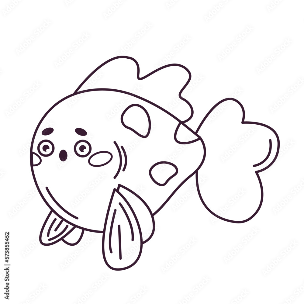 Vector spotted cartoon fish in the doodle style - children's picture for coloring. Marine animals and oceanic fish. Vector linear illustration in a hand-drawn style. Outline Vector spotted cartoon fish in the doodle style - children's picture for coloring. Marine animals and oceanic fish. Vector linear illustration in a hand-drawn style. Outline