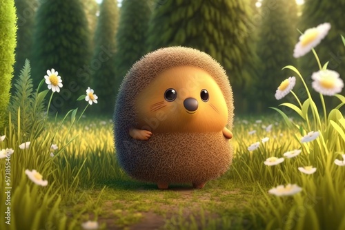 a cute adorable animal character  stands in nature in the style of children-friendly cartoon animation fantasy generative ai 3D style Illustration 	