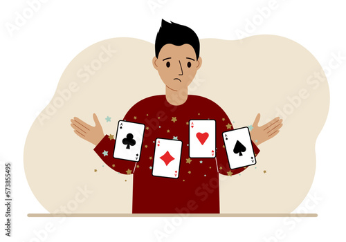 Man holding playing cards cards. Playing combination of 4 aces or four of a kind.