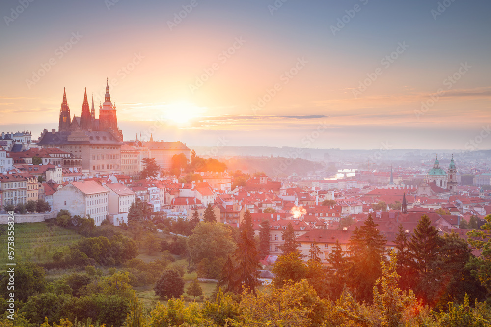 Prague, Czech Republic. Cityscape image of Prague, capital city of Czech Republic with St. Vitus Cathedral during summer sunrise.