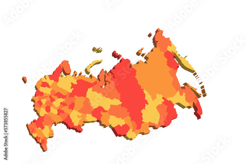 Russia political map of administrative divisions - oblasts, republics, autonomous okrugs, krais, autonomous oblast and 2 federal cities of Moscow and Saint Petersburg. 3D map in shades of orange color