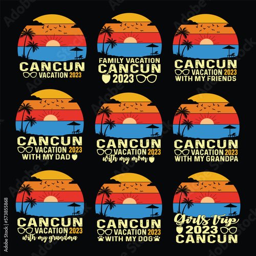 Cancun Vacation 2023 Mexico Beach vintage Retro sunset T-shirt Design, with my family,mom,dad,grandpa,grandma,dog,friends and girls enjoy summer Vibes Memories Together shirt poster print item.