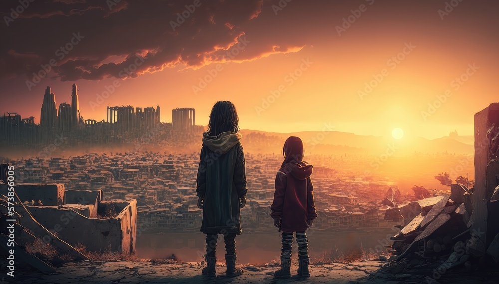 Fototapeta premium Children look down from the mountain at the devastation after the earthquake in Turkey, Syria Generative Ai