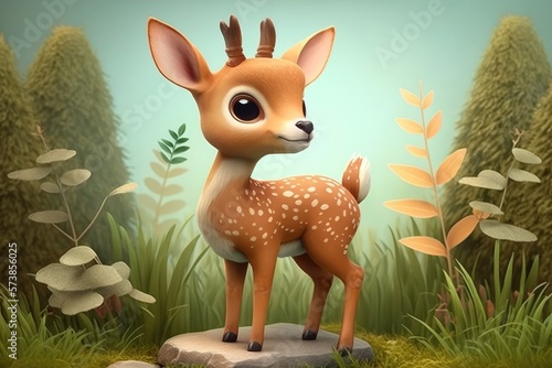 a cute adorable baby deer character stands in nature in the style of children-friendly cartoon animation fantasy generative ai 3D style Illustration   © Ecleposs