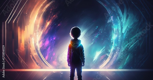 a boy with electric light trail, idea for neuro connection knowledge download, info and data transfer learning and communication, consciousness migrates, Generative Ai