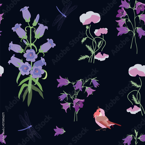 Seamless vector illustration with field bells, poppy, bird and dragonflies