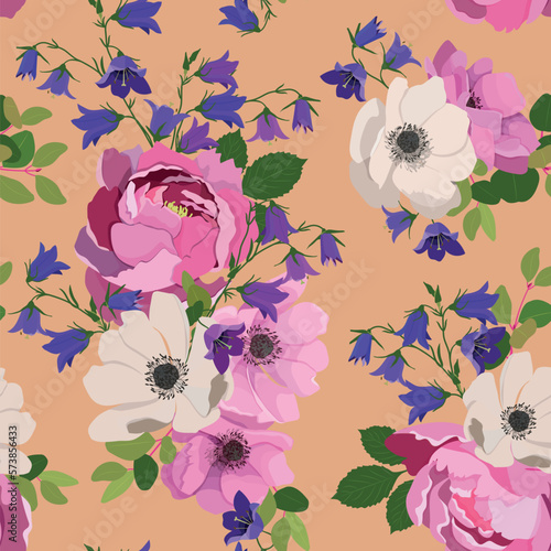 Seamless vector illustration with field bells, anemone and peony on a beige background.