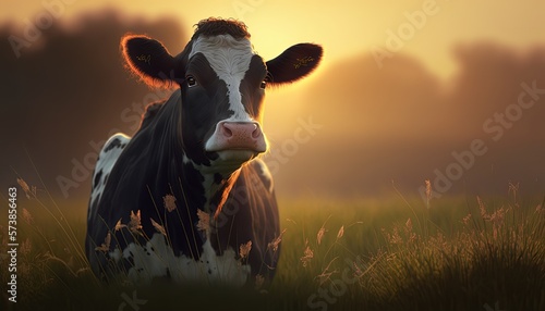 black white pattern cow with morning light, Generative Ai