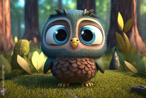 a cute adorable owl character stands in nature in the style of children-friendly cartoon animation fantasy generative ai 3D style Illustration 
