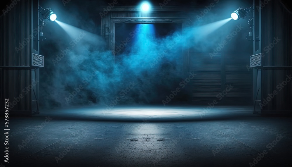 blue, spotlights shine on stage floor in dark room, idea for background, backdrop, mock up, Generative Ai	
