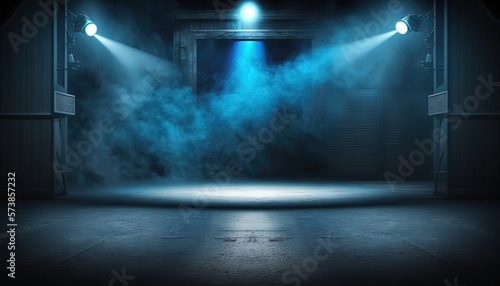 blue  spotlights shine on stage floor in dark room  idea for background  backdrop  mock up  Generative Ai  