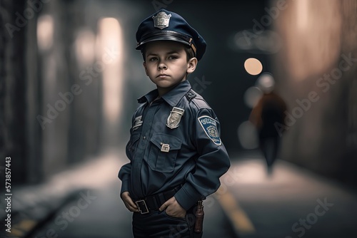 cute boy wearing police officer uniform, adorable cop on duty patrol at city street , Generative Ai