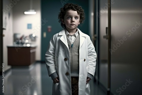 cut boy wearing lab coat at hospital, young doctor during working hour, Generative Ai