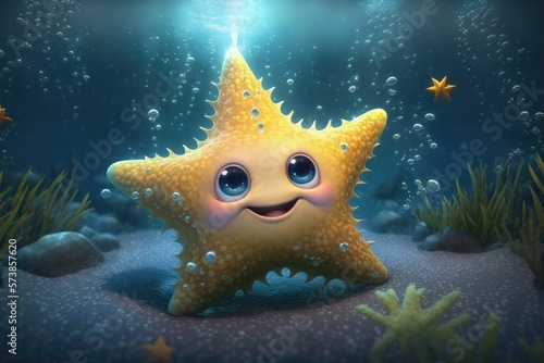 a cute adorable starfish character  underwater  in the style of children-friendly cartoon animation fantasy generative ai © Ecleposs