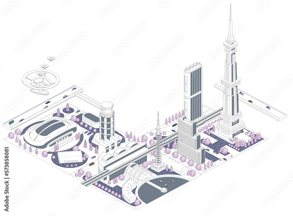 Naklejka premium ブロックのように組み合わせれば大きな未来都市になる街並みイラスト「ブロックタウン未来都市B 」バリエーションあり