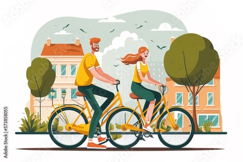 A man and a woman riding bicycles in the park with trees and buildings in the background editorial illustration a storybook illustration lyco art photo