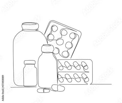Continuous one line drawing of hand medicine, vitamin, capsule, tablet and pill. simple medical drugs pharmacy care line art vector illustration.