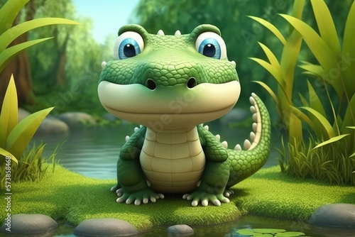 a cute adorable crocodile character  stands in nature in the style of children-friendly cartoon animation fantasy generative ai 3D style Illustration  